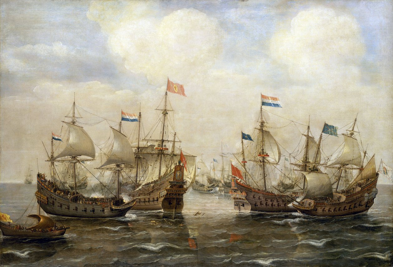 1630年頃、スペインとオランダの衝突。それぞれの船は旗を持ち、左側にはオランダの国旗を掲げた船がある。 作： Cornelis Verbeeck