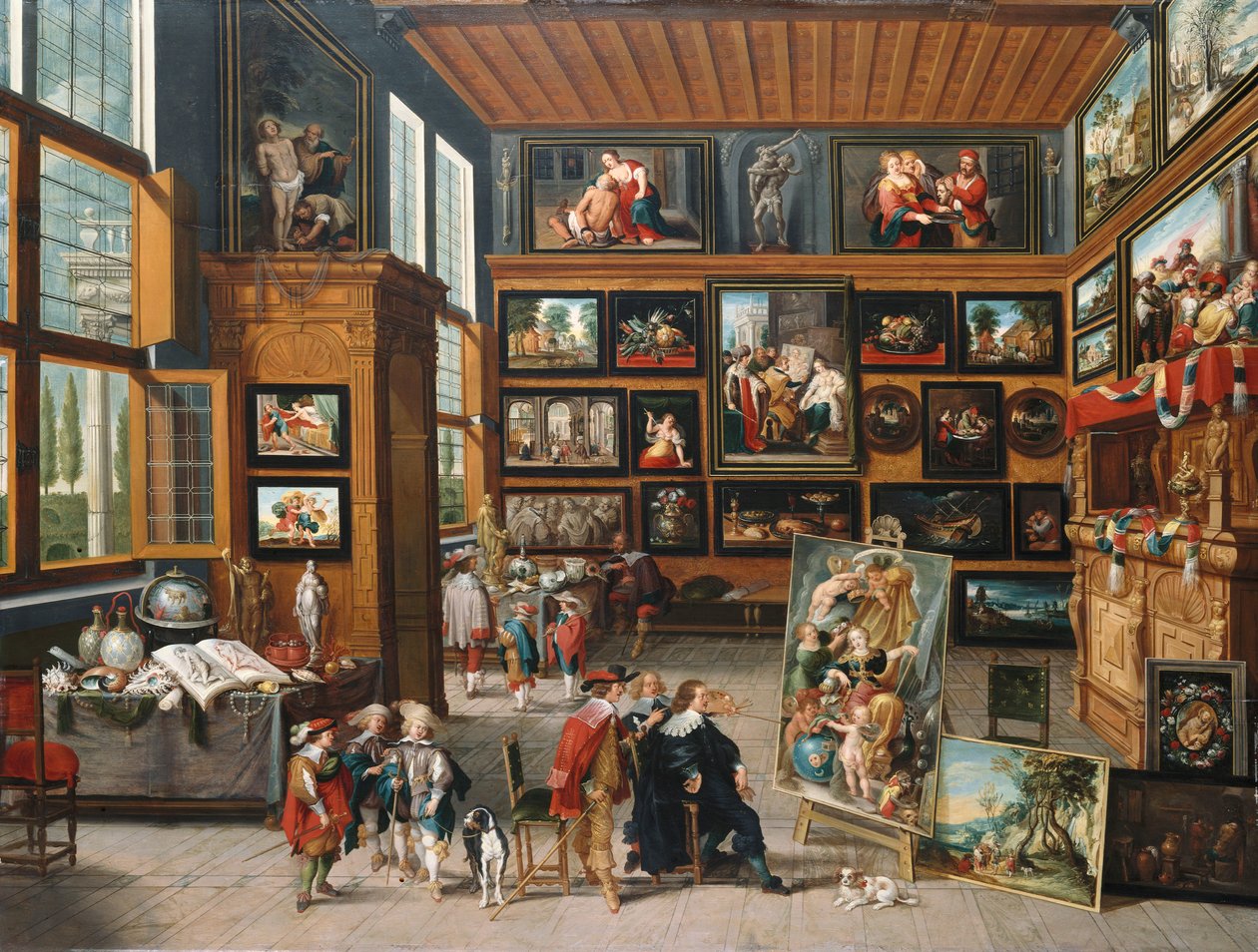 写真、コレクターのアイテム、アーティスト、鑑定家がいる広々としたエントランスホール、1635-1640年 作： Cornelis de I Baellieur