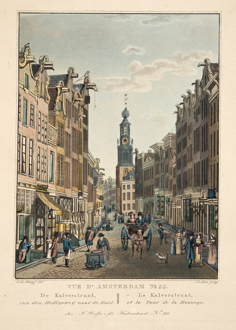 Vue d&39;Amsterdam No. 22。 Kiverstraat、HeiligewegからMuntまで。ルカルベール、エラトゥールドラモンノエ、1825年（手描きの彫刻） 作： コルネリス・デ・クライフ