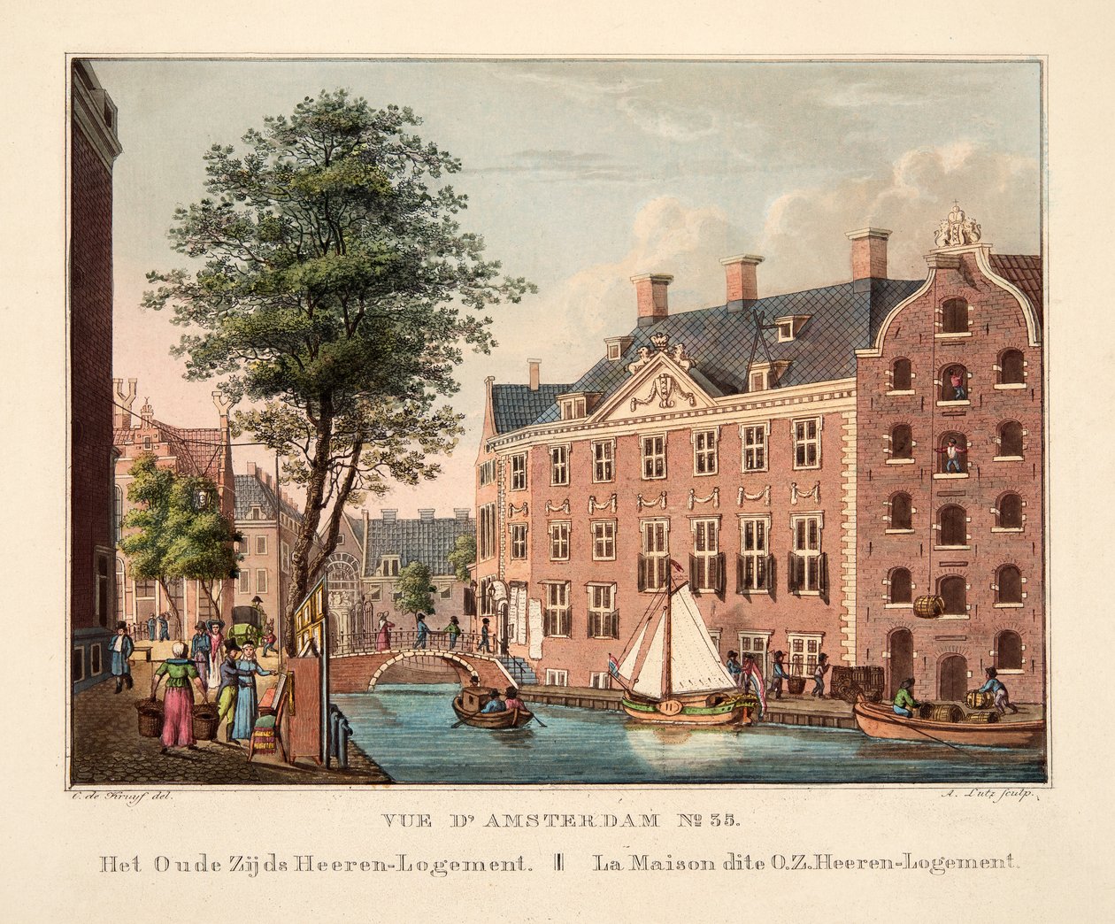 Vue d&39;Amsterdam No. 35。古いZijd Heeren-Logement。 La Maison dite OZ Heeren-Logement、1825年（手描きの彫刻） 作： コルネリス・デ・クライフ