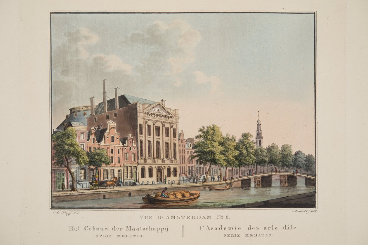 Vue d&39;Amsterdam No.6フェリックスメリティスビルディング。 L&39;Academie des arts diteフェリックスメリティス、1825年（手描きの彫刻） 作： コルネリス・デ・クライフ