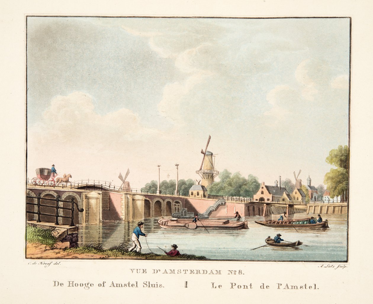 Vue d&39;Amsterdam No.8。 HoogeまたはAmstel Sluis。ルポンドゥラムステル、1825年（手描きの彫刻） 作： コルネリス・デ・クライフ