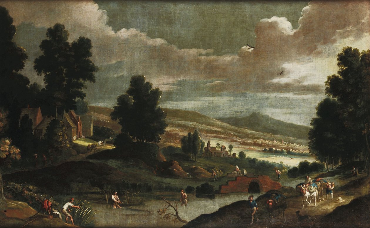旅人と漁師のいる風景 作： Cornelis de Wael