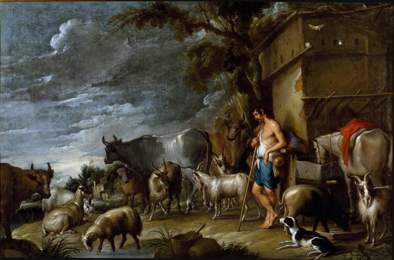 コルネリス・デ・ワエル（1592-1667）の絵画、1630-1639年頃の作品。フランドル美術。放蕩息子の物語：豚の番人。豚、ベリエ、ヤギ、牛、ヤギ、馬、犬、羊を連れた群れの番人。キャンバスに油彩。寸法：57x86cm。個人コレクション、Genes 作： Cornelis de Wael