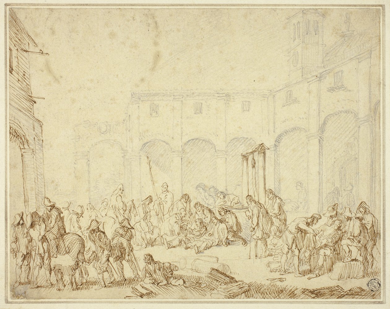 タウンスクエアの中庭で負傷した兵士たち 作： Cornelis de Wael
