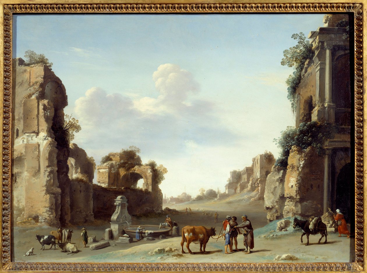 2頭のロバがいるローマのカンポ・ヴァチーノの幻想的な風景 Cornelis van Pelenburgh (1596-1667) による絵画 作： Cornelis van PoelenburghまたはPoelenburch