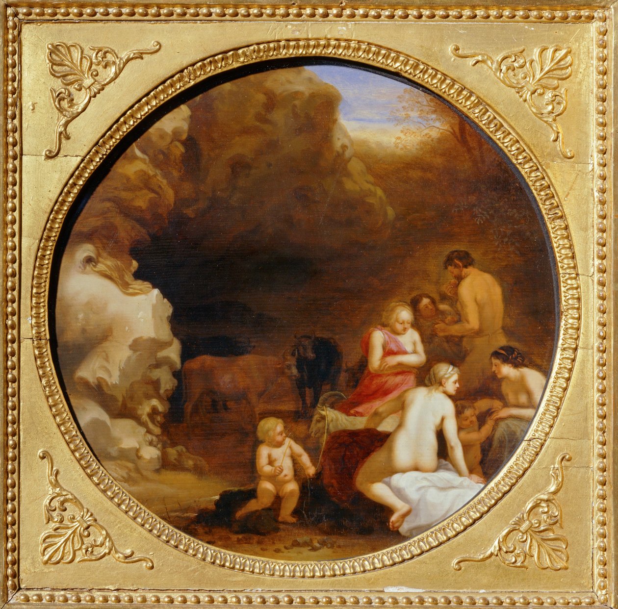 洞窟の入り口にいるニンフとサテュロス... 作： Cornelis van PoelenburghまたはPoelenburch