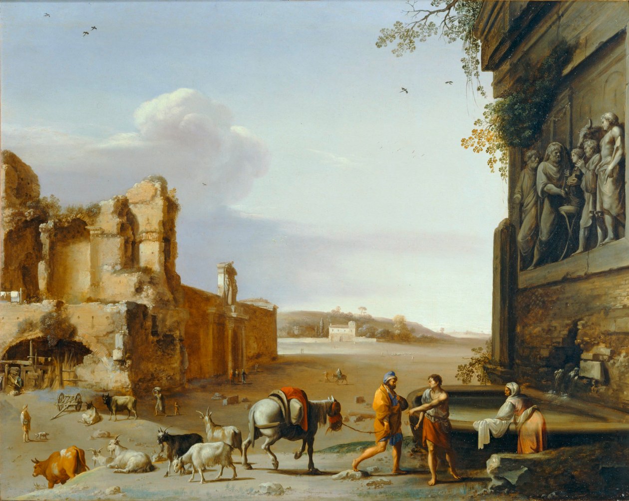 マルクス・アウレリウスの犠牲を表す浮き彫りがある古代ローマの遺跡。 作： Cornelis van PoelenburghまたはPoelenburch