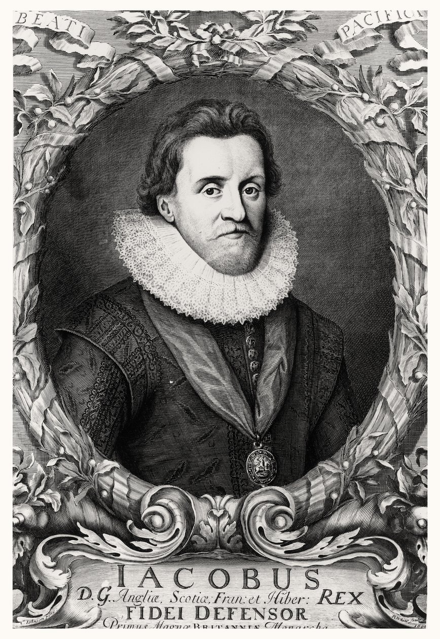 イギリスの王、ジェームズ1世の肖像画、R。ホワイト、1669年 作： ジョンソン後のコーネリアスI