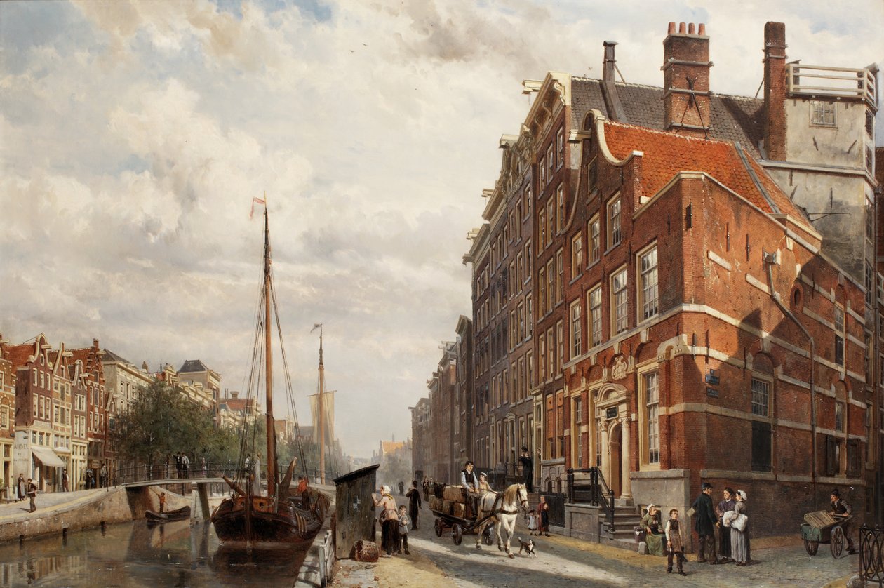 1883年、アムステルダムのニーウェジズフォールブルクワルにあるMakelaers Comptoirの眺め 作： Cornelis Springer