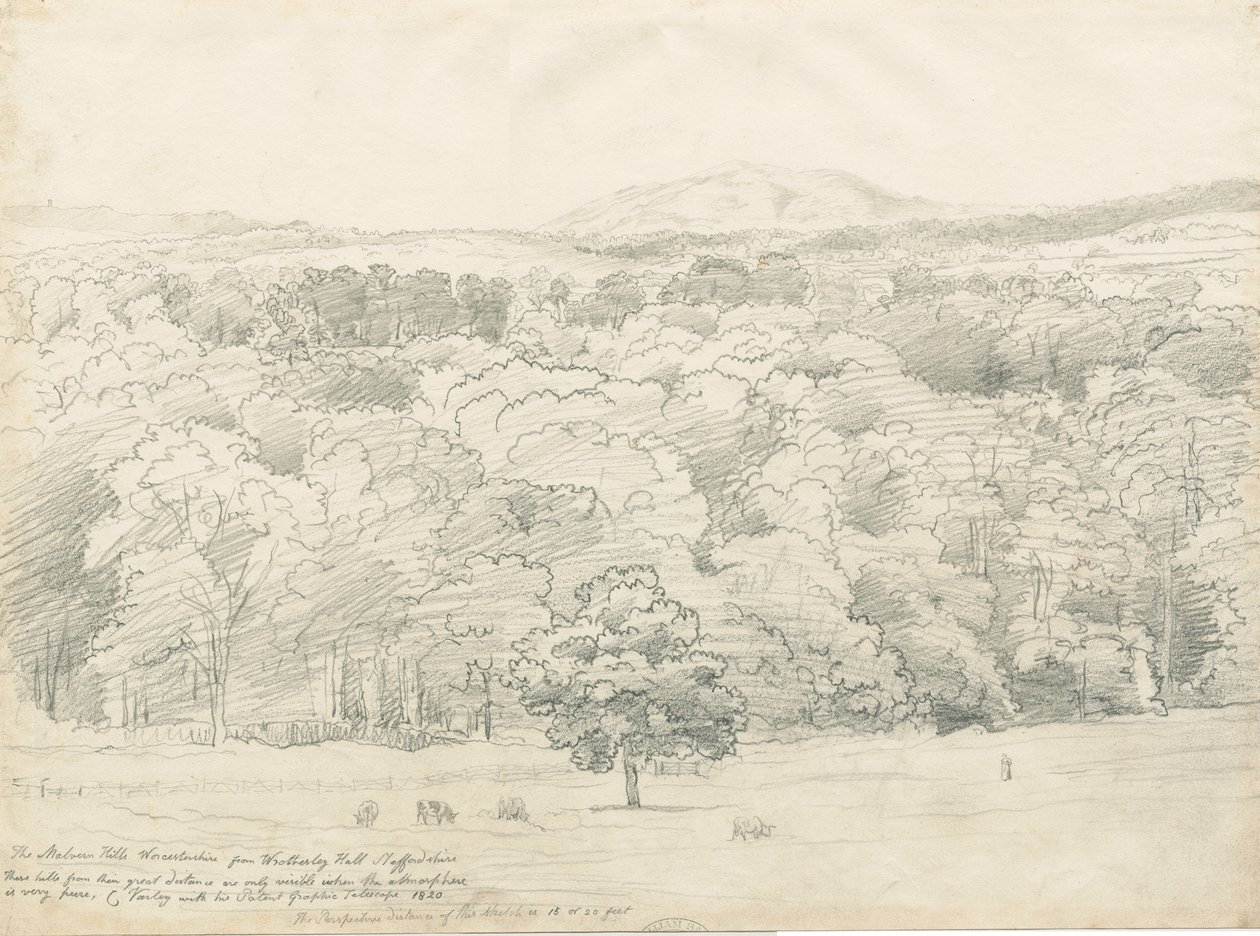 Wrottesley Hall-Malvern Hillsの眺め：鉛筆画、1820年 作： コーネリアス・ヴァーリー