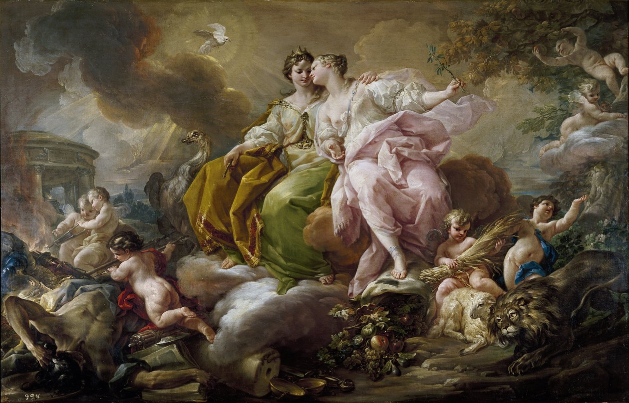 正義と平和 - Corrado Giaquinto (1703-1766) の絵画 - c. 1754 - キャンバスに油彩 - 216x325 cm - ロココ アート - プラド美術館、マドリッド 作： コラードジャッキント