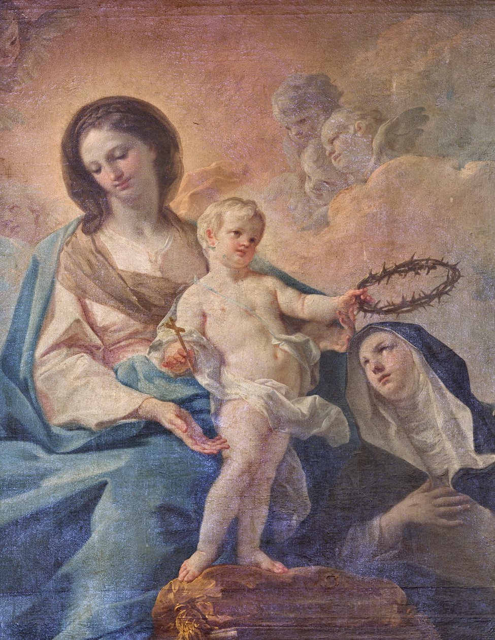 SSサルヴァトーレ教会、内部、ロザリオの祭壇、ロザリオの聖母、コッラード・ジアキント（1703-1766）のカンヴァス、詳細、プーリア州レッチェ、ポッジャルド（写真） 作： コラード・ジャキント