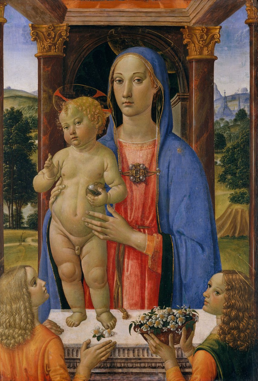 マドンナと天使の子、c.1480-2（木の上のテンペラと金） 作： コジモ・ロッセリ