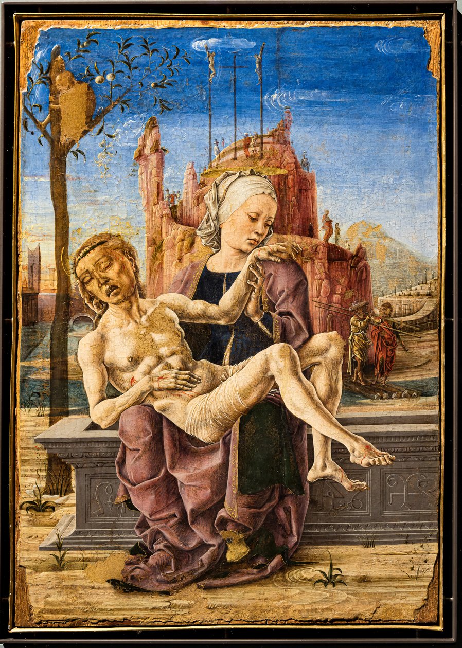CosméTuraによる嘆き、1460年頃。 絵の左上には、リンゴの木の枝にしがみついているサルが描かれています。 それは、善悪の木と地上の楽園での悪魔の誘惑をほのめかしています。 作： コジモトゥーラ