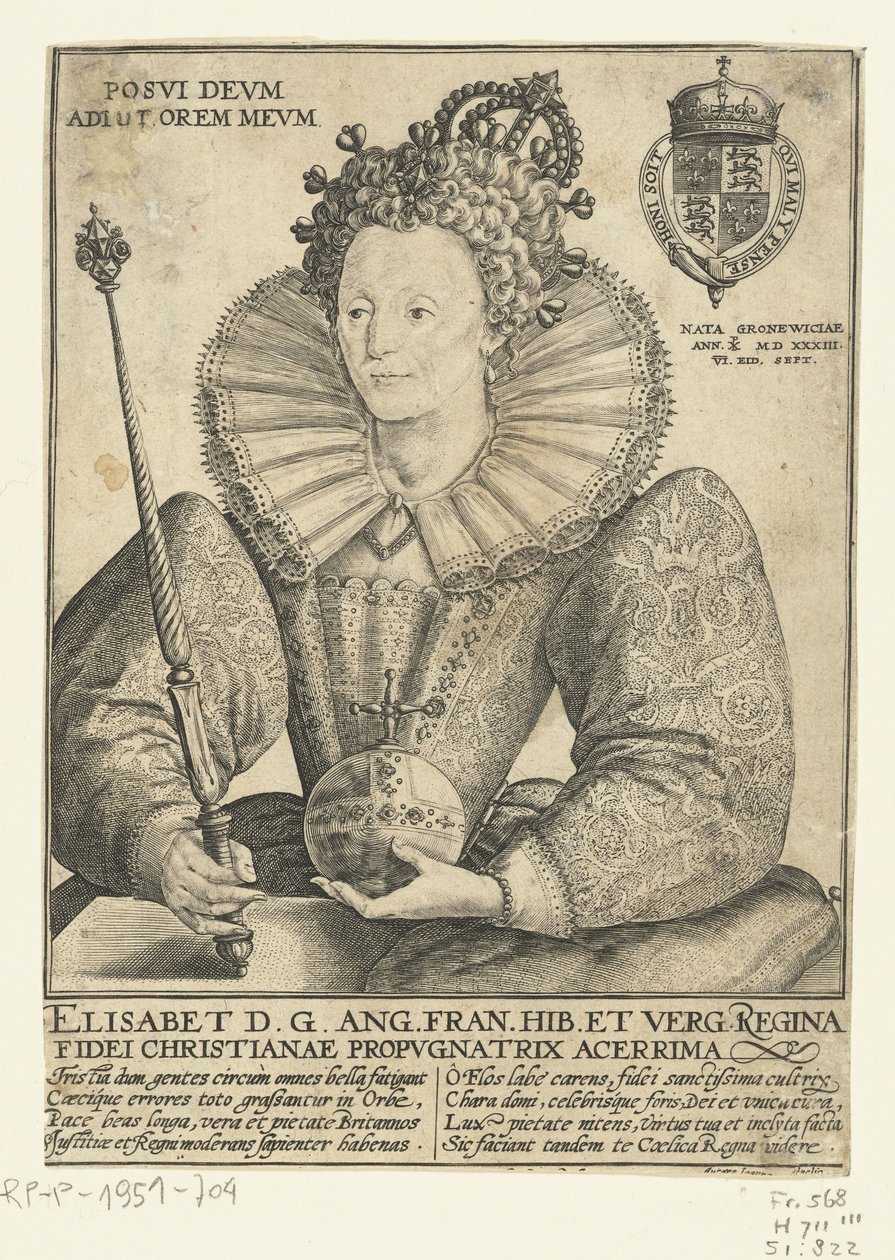 Portret van Elizabeth I Tudor, Ten Halfen Lijve Posvi Devm Aiut Orem Mevm (オブジェクトのタイトル) 作： Crispijn van de Passe（I）