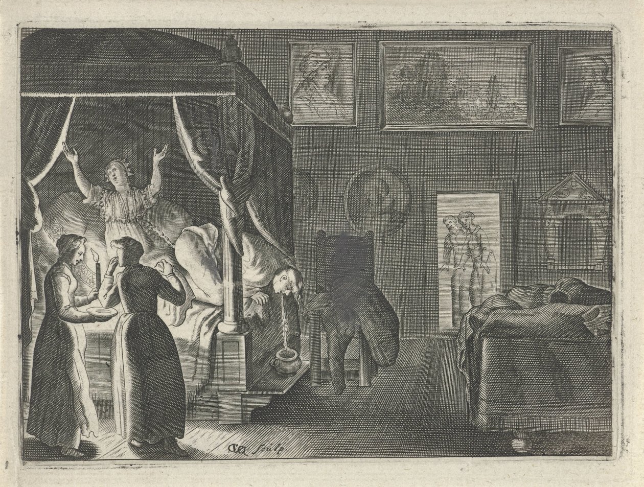 ベッドで嘔吐する男性 作： Crispijn van den Queborn