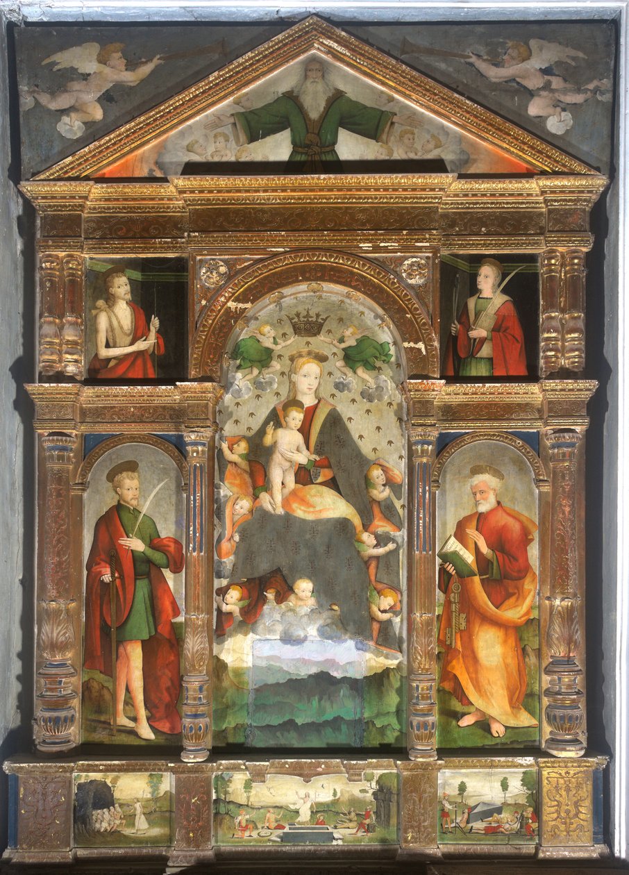 天使と戴冠した聖母子、聖パウロ、聖ペテロ 作： クリストフォロ (fl.1525 1578) & パンカリーノ ラファエーレ (fl.1514 1573) パンカリーノ