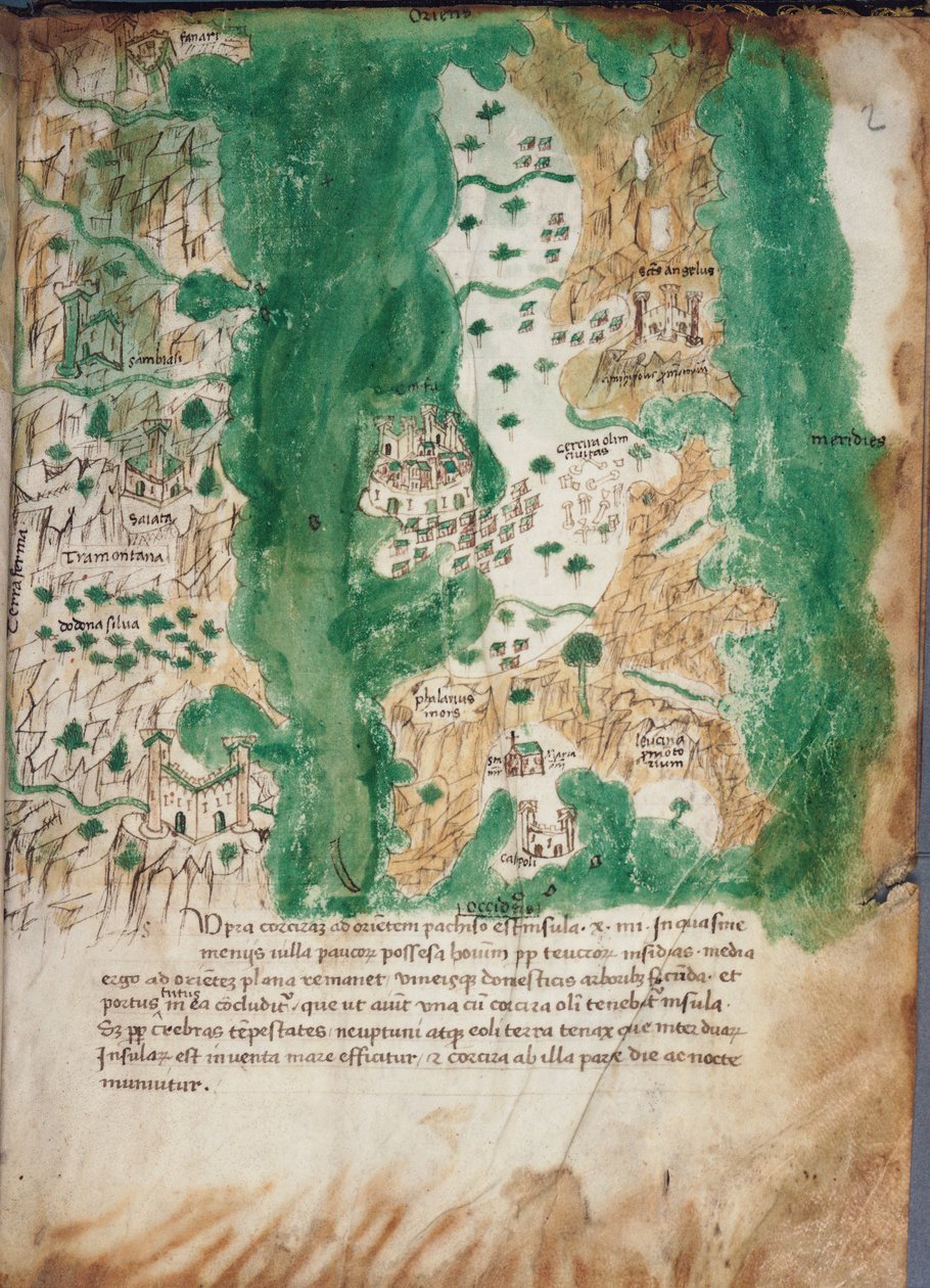 コルフ島と隣接する本土の海図、1420年頃（ヴェルム） 作： クリストフォロ・ブオンデルモンティ