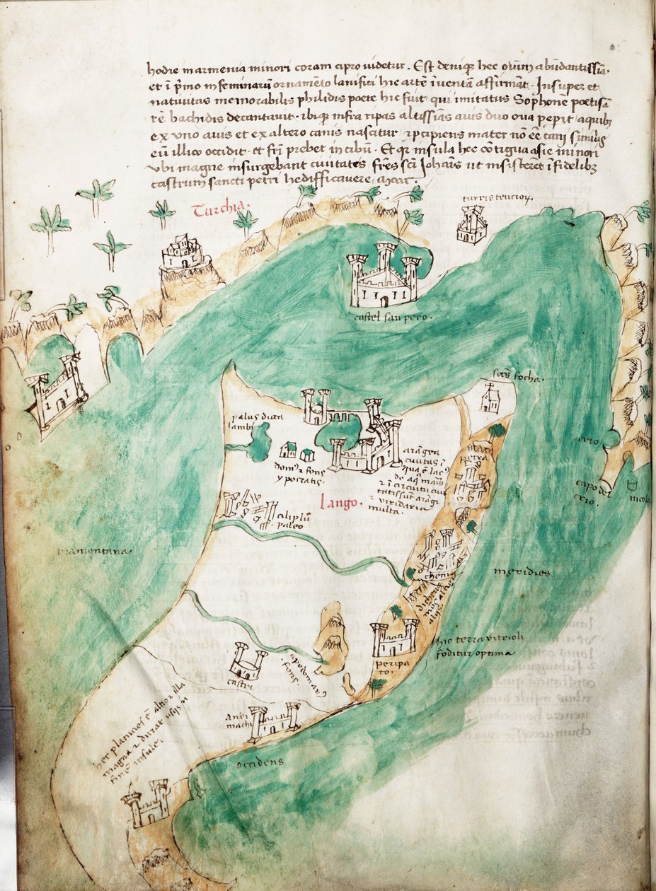 コス島とボドルムの海図、1420年頃（ベラム紙） 作： クリストフォロ・ブオンデルモンティ