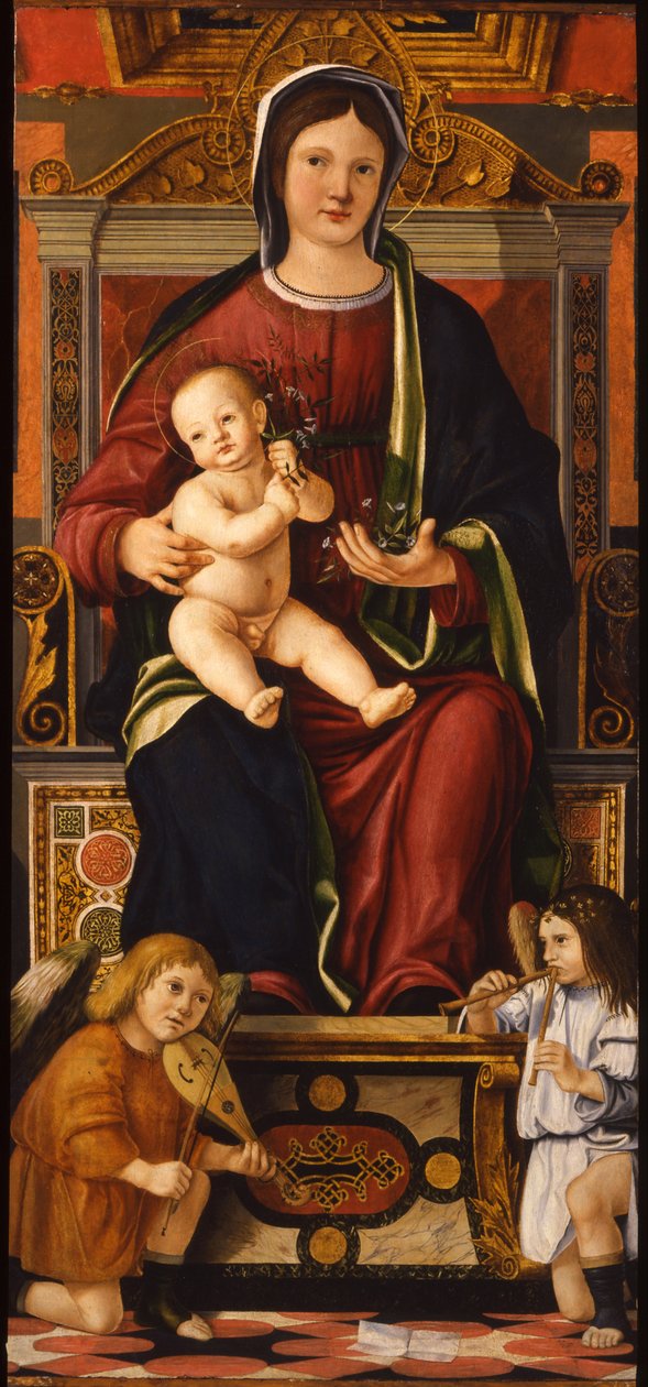 2人のミュージシャンの天使、1508〜1510年に即位した聖母子 作： クリストフォロ・カセリ