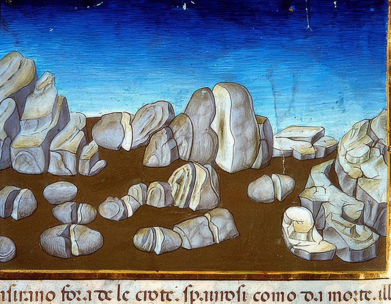 世界の終わり：地震は世界を破壊するだろう（c.148v）。 1476年 作： クリストフォロ・デ・プレディス