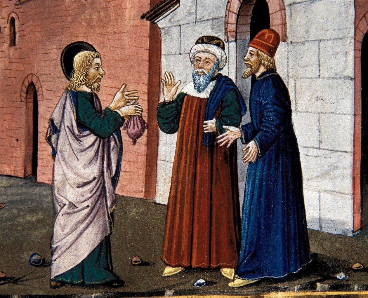 ユダが司祭のもとに行き、キリストへの裏切りを告白する場面（Leggendario Sforza-Savoiaより 作： クリストフォロ・デ・プレディス