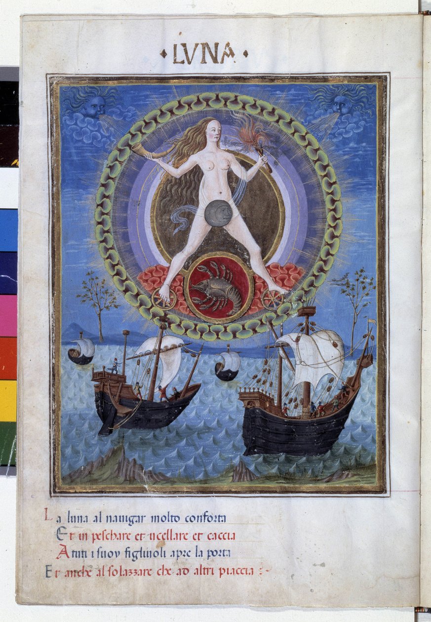 癌の星座と月。下の階、朝日の中の船。クリストフォロ・デ・プレディス（v.1440-v.1486）が製作したミニチュア-「デ・スパエラ」デステに掲載。1470年頃。ModeneのBiblioteca Estenseに所蔵されています。 作： クリストフォロ・デ・プレディス