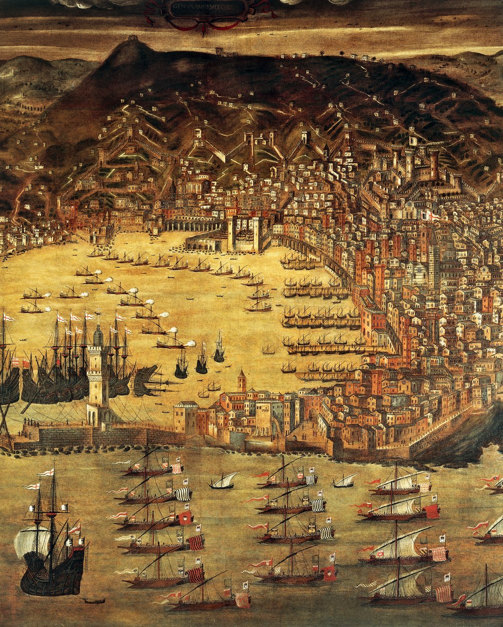 ジェノヴァとその港の眺め、クリストフォロ グラッシ (1565-1598)、イタリアの絵画 作： クリストフォロデグラッシ