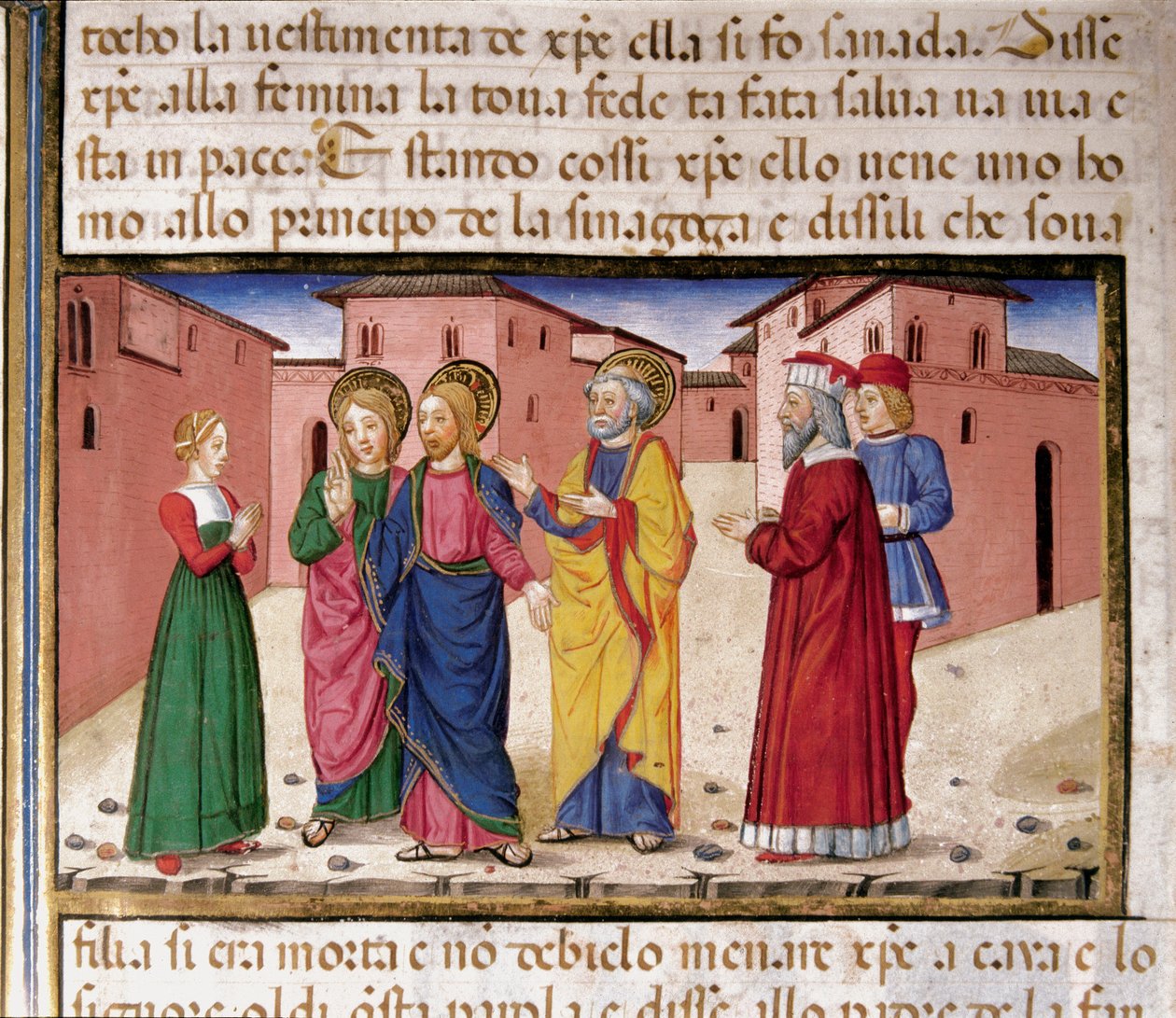 姦淫の罪を犯した女に語りかけるイエス Cristoforo De Predis（1440-1486）による『新約聖書の歴史』（fol.61）の後のミニチュア。 作： クリストフォロ・デ・プレディス