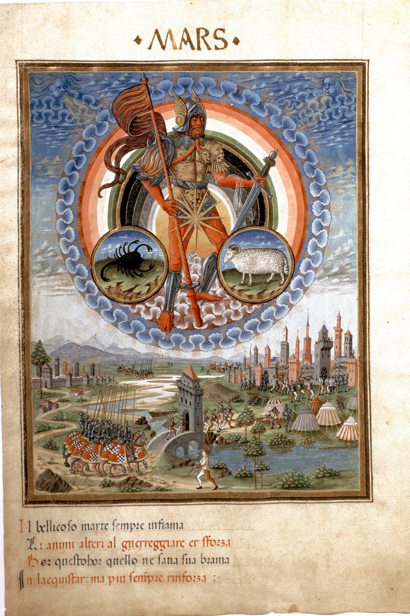 蠍とベリエの干支を持つ火星。戦いのシーン。(ミニチュア、1470年頃) 作： クリストフォロ・デ・プレディス