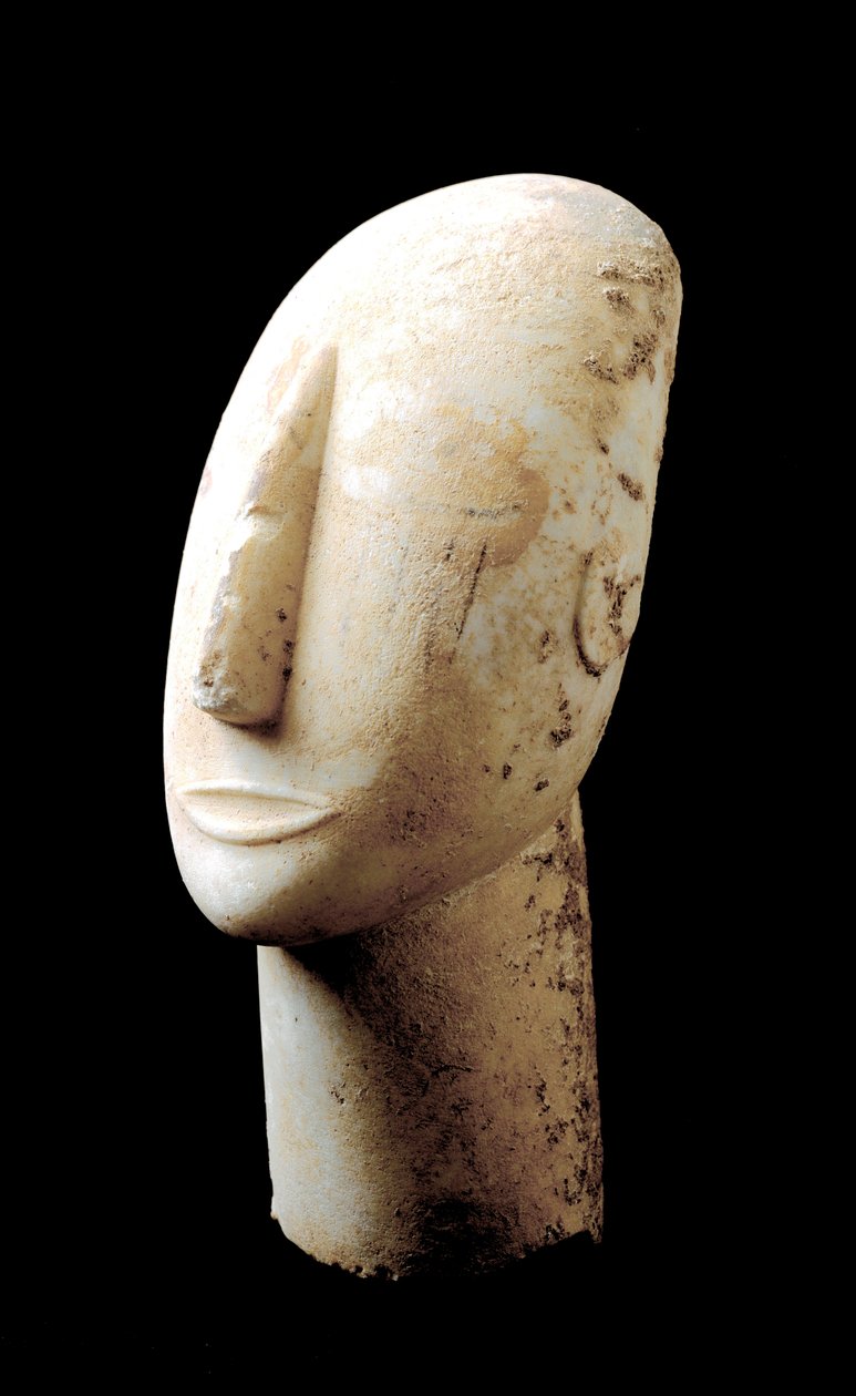 キクラデス諸島のアート。"大理石彫刻「ビッグヘッド」。紀元前3000年。キクラデス文明（-3200 a -2000）アテネス、国立考古学博物館 作： キクラデス