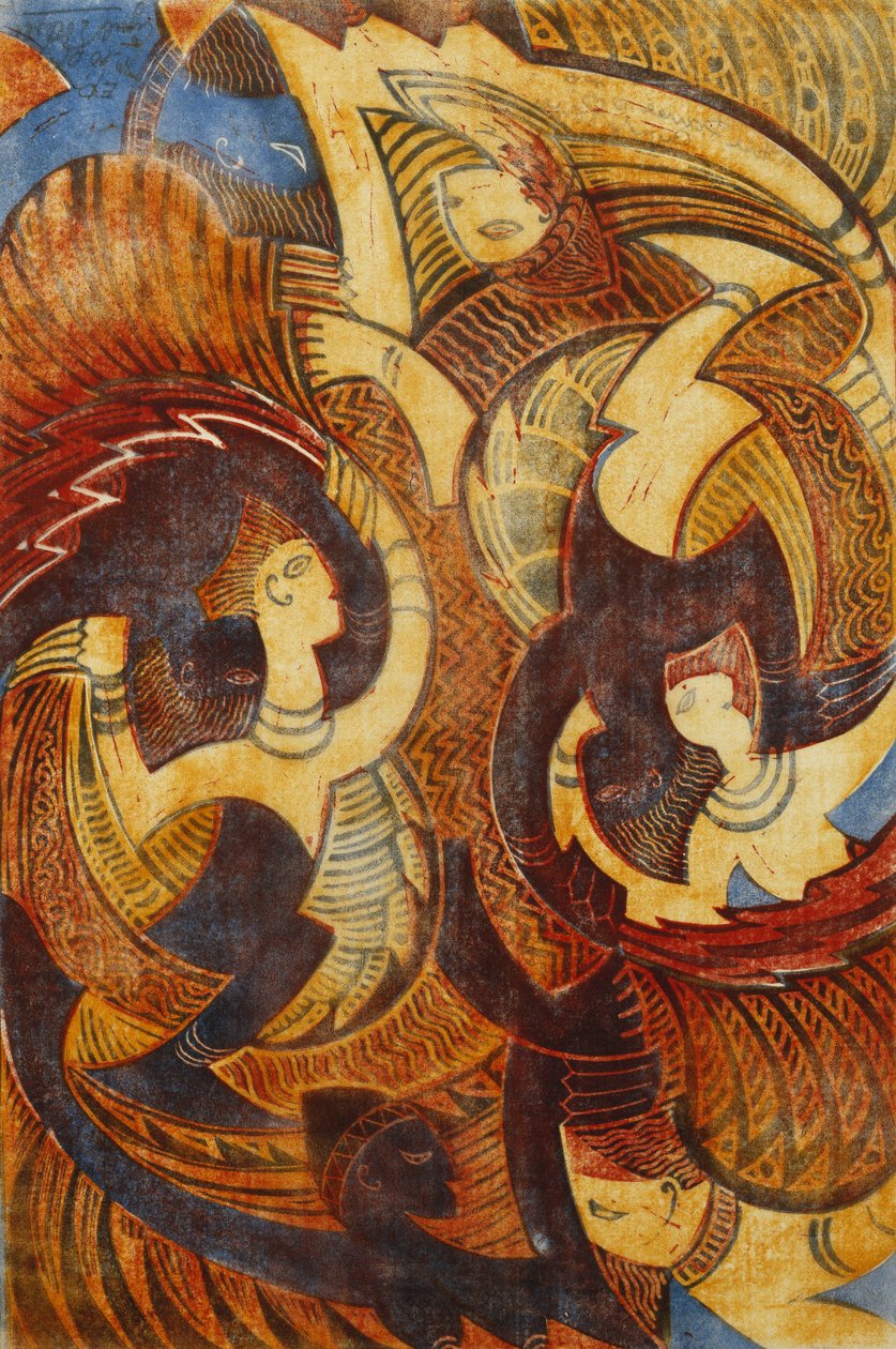 ファイアダンス、c。 1931年（薄い日本にカラーで印刷されたリノカット） 作： シリル・エドワード・パワー
