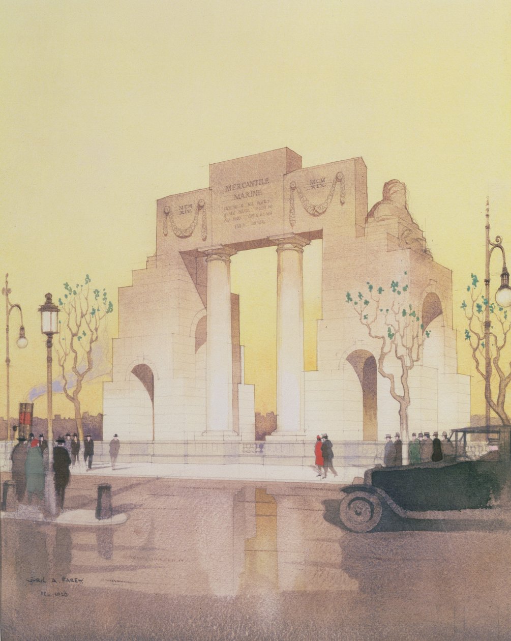 エドウィン・ランドシア・ルーティンス（1869-1944）が建てたマーカンタイル海洋記念碑（紙に水彩画） 作： シリル・フェアリー