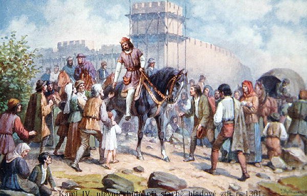1361年にプラハの要塞を拡張した際、一般人に挨拶するシャルル4世 20世紀初頭のポストカード（カラーリトグラフ） 作： チェコ語学校