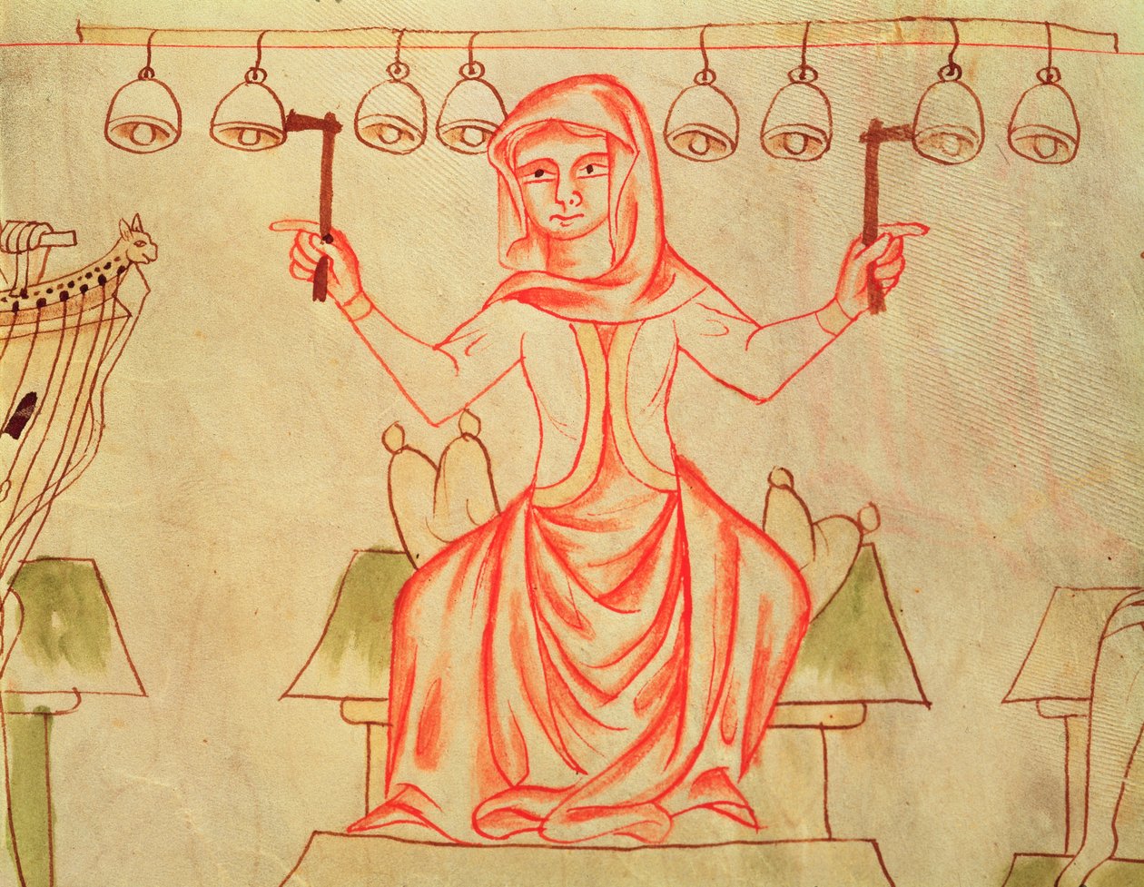 Mx XXIII C.124ベルを演奏するミュージシャン、ヴェリスラフ聖書、1340年頃 作： チェコ語学校