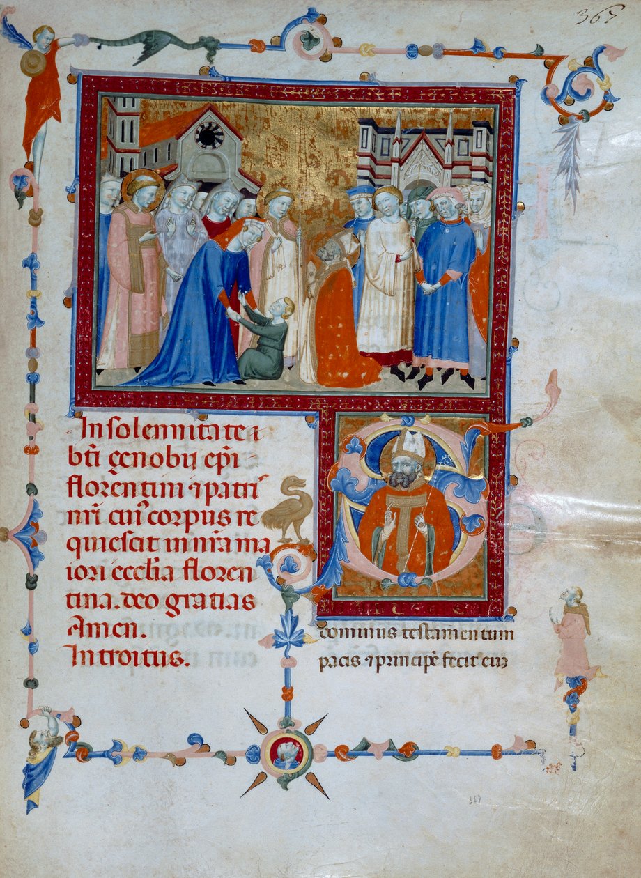 San Zanobiが少年を死から蘇らせる（Codice Edili 107, c. 367）、ローマのミサールのために 作： ダデスコマエストロ