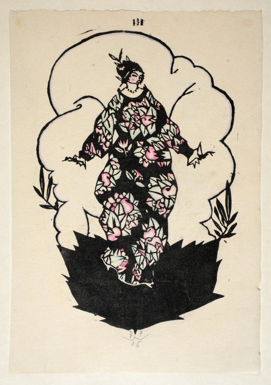 「Wiener Werkstatte Mode 191415」（パブ）のドレス、プレート3、ブック3のイラストのデザイン。エドゥアルドコスマック、ウィーン、1914年〜1915年（手描きのリノカット） 作： スクルージペッシュ