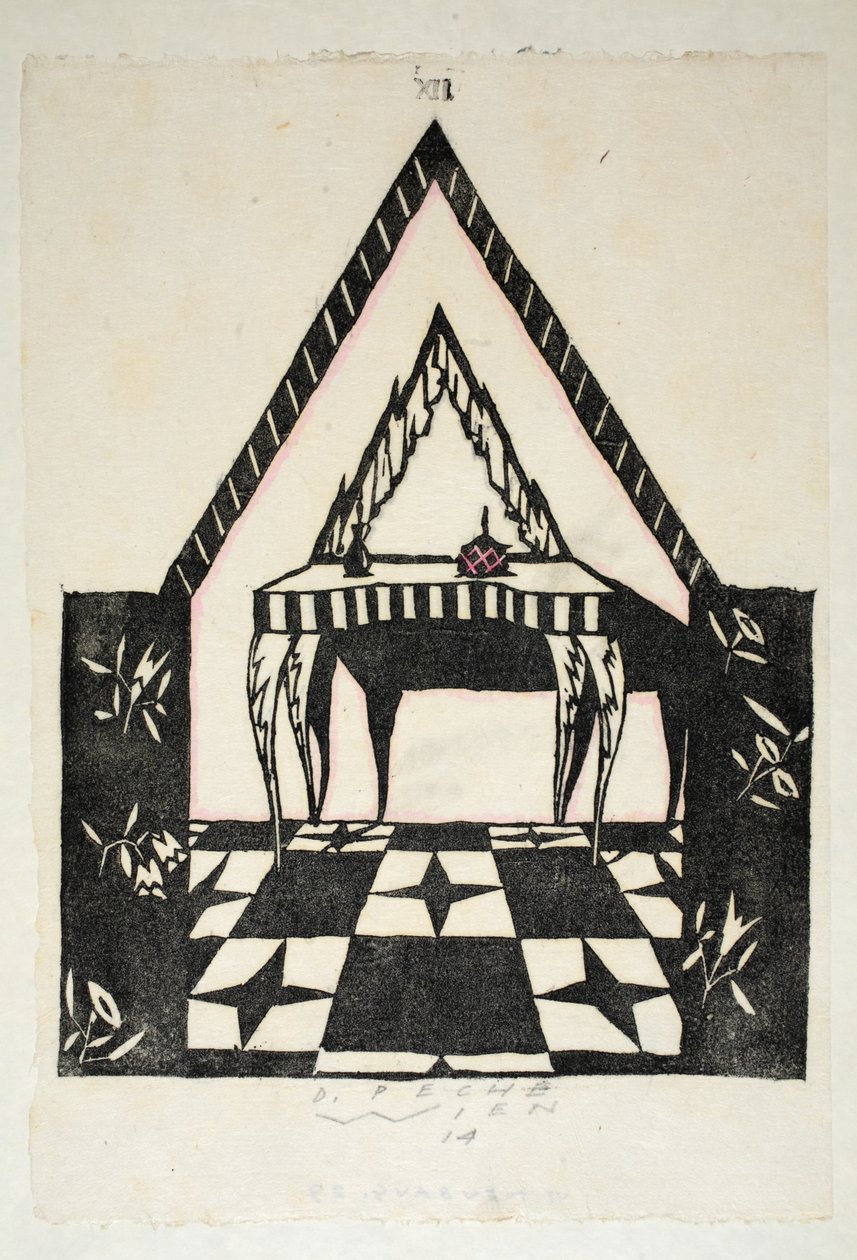 ドレッシングテーブルのデザイン、プレート12、ブック3、「Wiener Werkstatte Mode 191415」のイラスト、パブ。エドゥアルドコスマック、ウィーン、1914年〜1915年（手描きのリノカット） 作： スクルージペッシュ