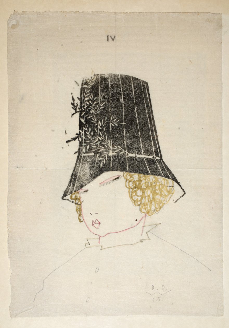 帽子のデザイン、プレート4、 &39;Wiener Werkstatte Mode 191415&39;のイラスト、パブ。エドゥアルドコスマック、ウィーン、1914年〜1915年（手描きのリノカット） 作： スクルージペッシュ