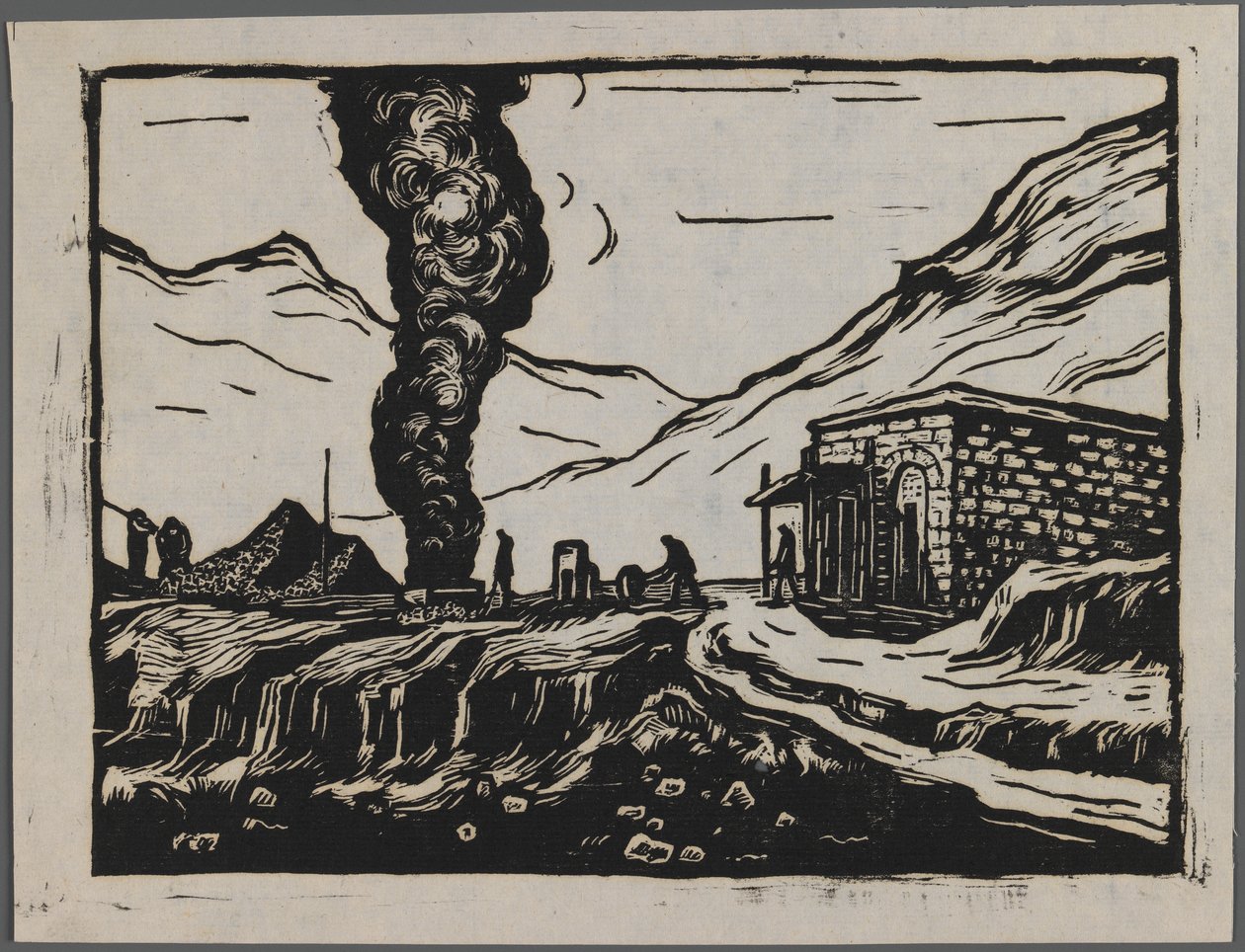 製鉄所、1945年頃（木版画） 作： ダーマ