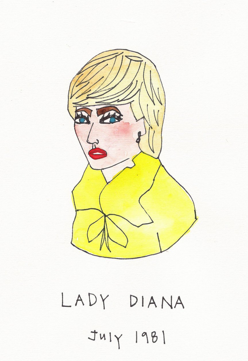 Lady Diana, 2017（黄色、赤、青、茶色のインディアインク、フェルトペン、紙） 作： デイジー・ド・ヴィルヌーヴ