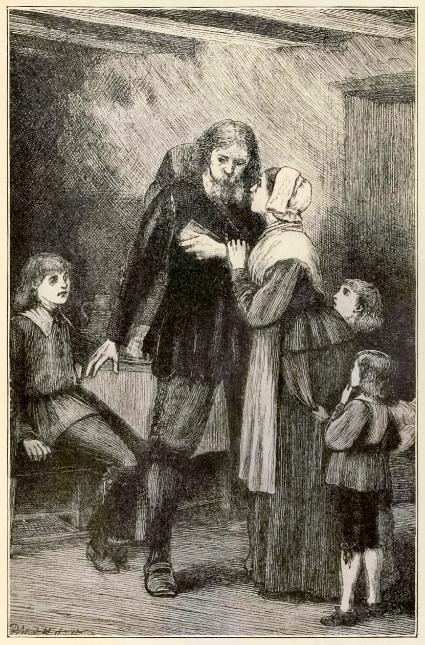 クリスチャンは彼の妻を巡礼者の進歩からこの世界へ、ジョン・バニヤン（1628-1688）によってもたらされるものへとトーマス・ダルジエル（1823-1906）によってイラストを打ち明ける 作： ダルジエル兄弟