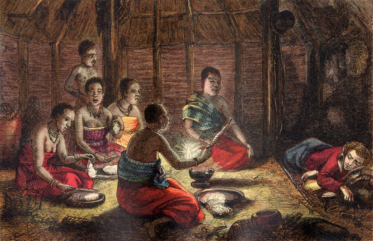 マンバラ公園、バンバラ、セゴのネイティブの小屋で休憩、1796年（色の木版画） 作： ダルジエル兄弟