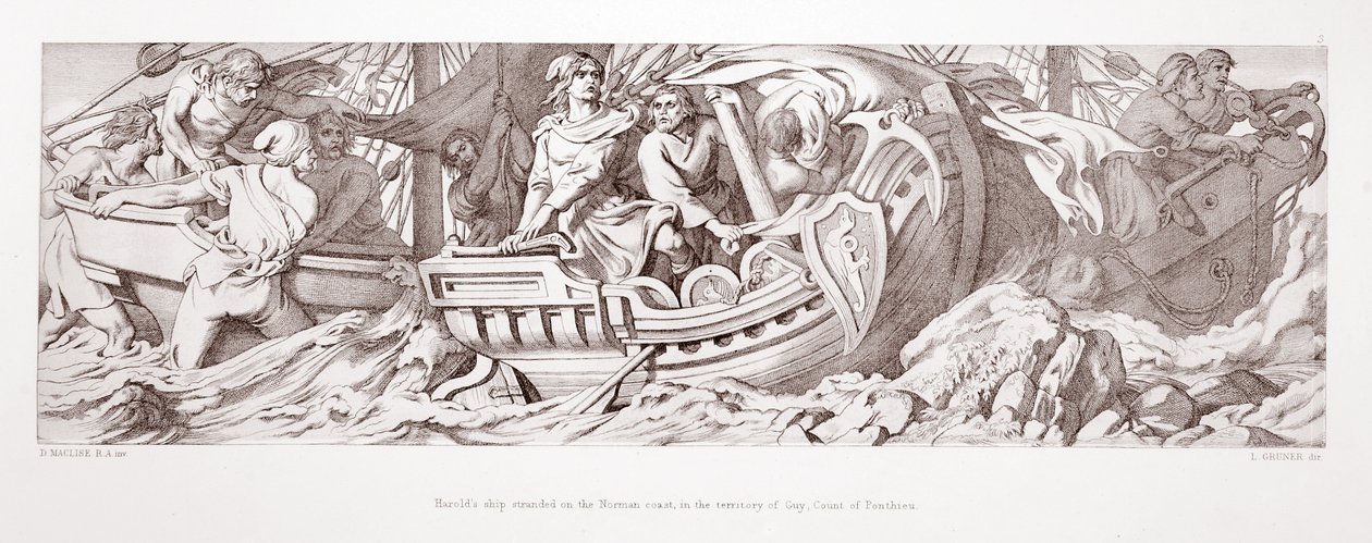 ハロルドの船は、L。グルーナーによって刻まれた「ノーマン征服の物語」1866年に刻まれた「ノーマン征服の物語」から、ガイの領土であるノーマン海岸に立ち往生しました。88：ハロルドII（c.1022-66）、 作： ダニエル・マクリーズ