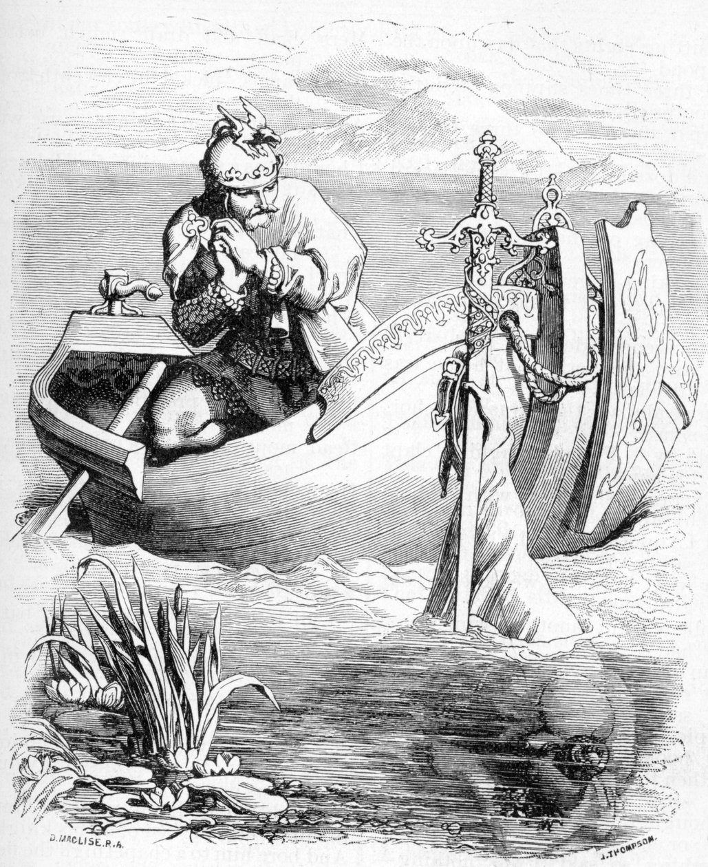 ベディビア卿は湖でアーサー王の剣を腕が捉えているのを見ます、1901 作： ダニエル・マクリーズ