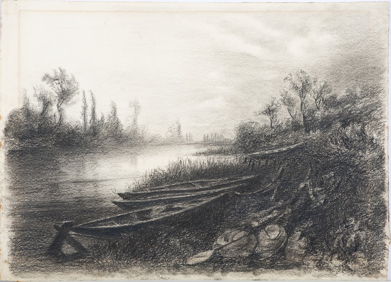 ボートのある川の情景、1916年頃（木炭） 作： ダニエル・オリバー