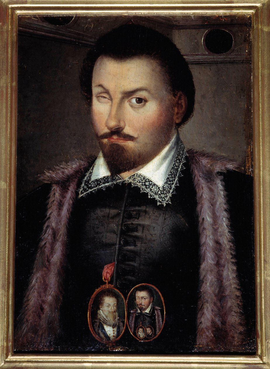 隻眼の男爵ジャン・ダランブレ（1553-1630）の肖像 ヘンリー4世に仕えたフランス軍人です。王を描いたメダルと自分の肖像を描いたメダルを胸につけており、アビメを実現しています。肖像画の作者 作： ダニエル（attr。To）デュモンスティエ