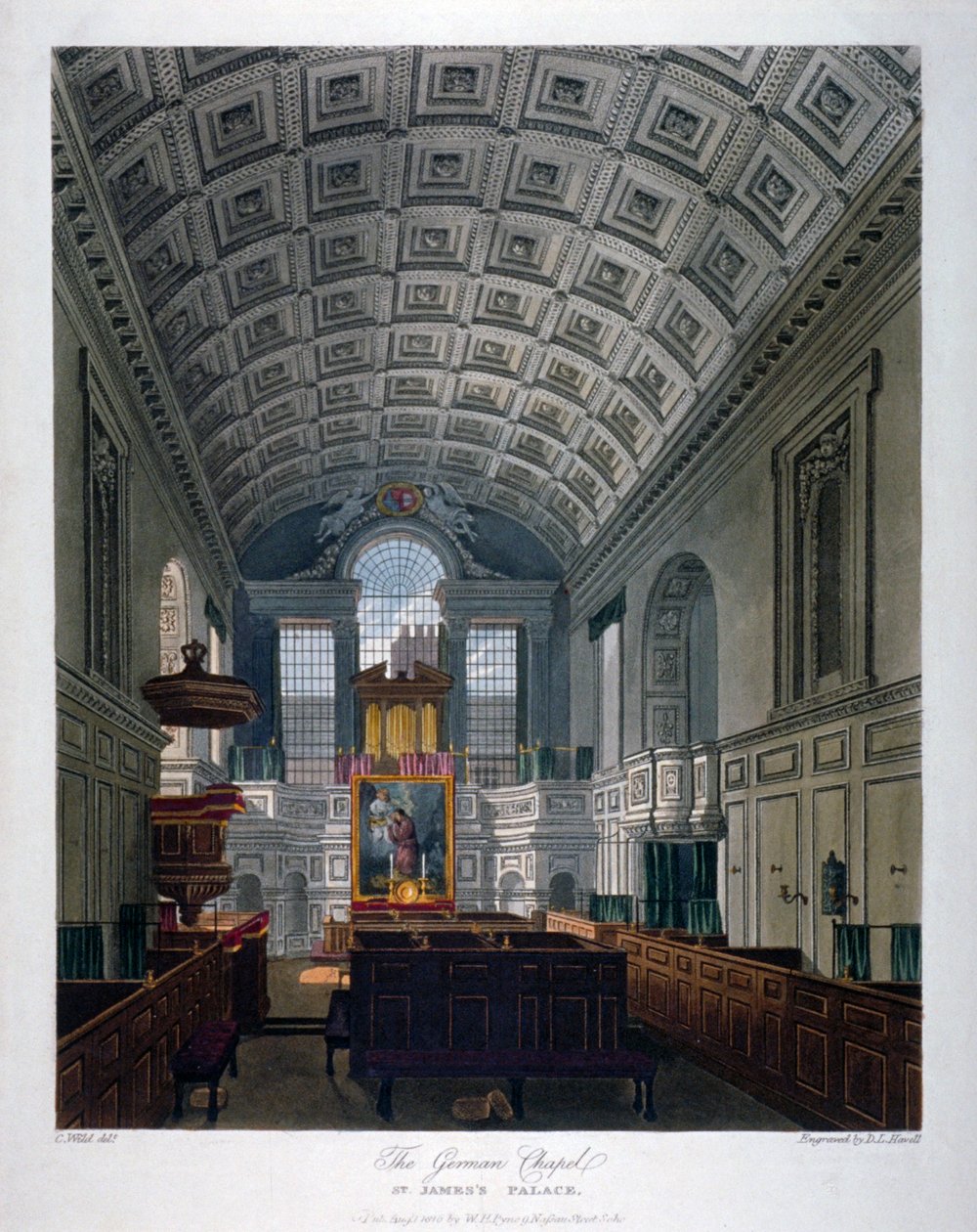 1816 年、ロンドン、ウェストミンスター、セント ジェームズ宮殿のチャペル ロイヤルの内部ビュー 作： ダニエル・ハヴェル