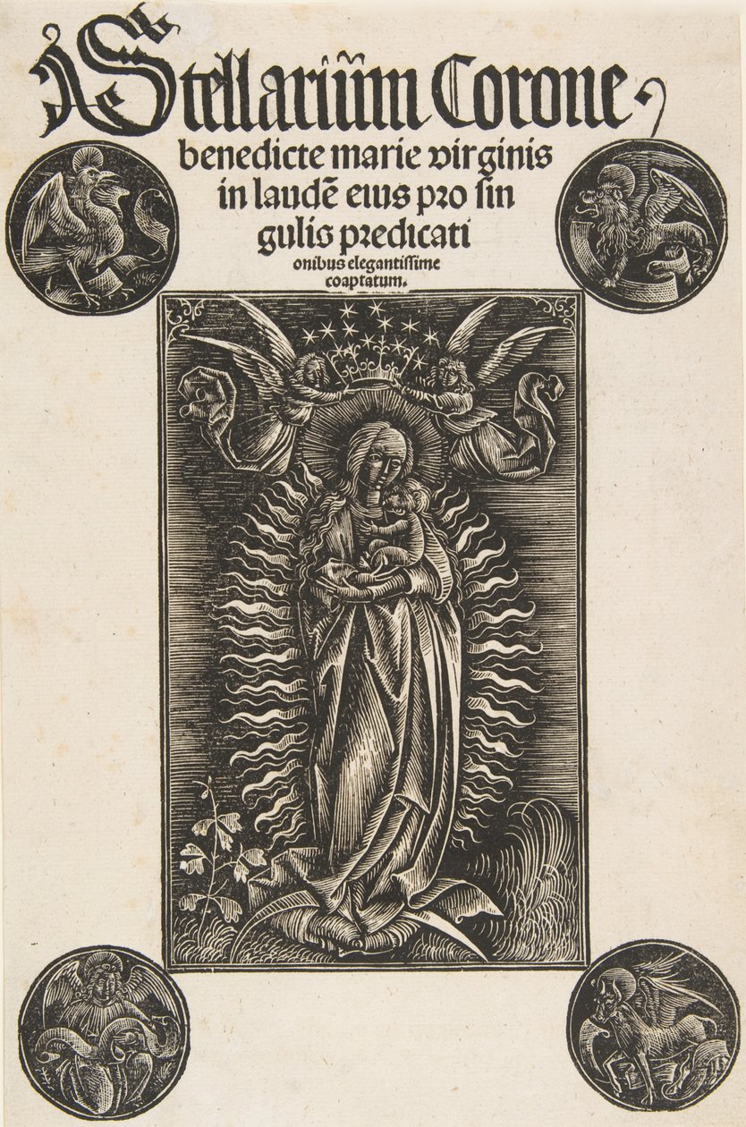 Pelbartus de Temesvar のタイトルページ、クレセントの聖母: Stellarium corone Schr. 2869年...、1502年。 作： ダニエルホッファー。